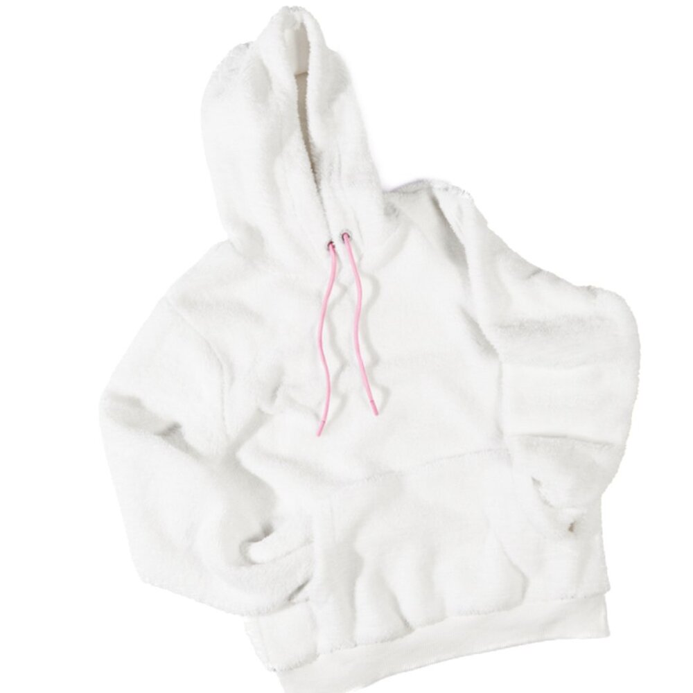 Drunk Elephant White Fuzzy Hoodie Pink Drawtrings | Slouchy, Cozy, Teddy Bear